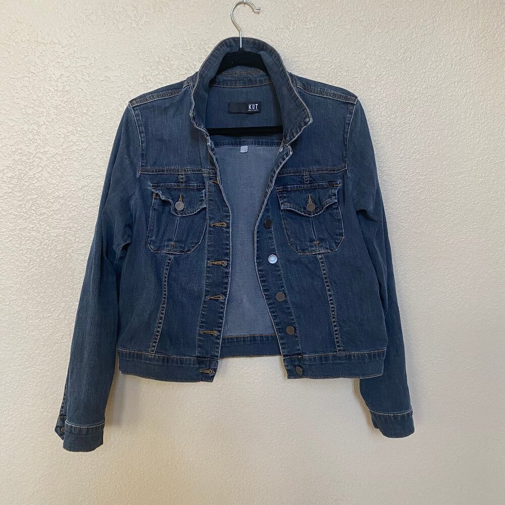 Kut from the Kloth women denim jacket, L, washed blackish blue.